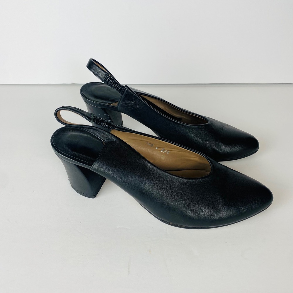 Audley Black Leather‎ Slingback Pumps Pointed Toe Block Heel US 7.5 Spain 37.5